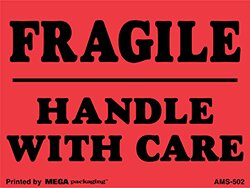 AMS-502 3 x 4 Fragile Handle With Care Fluorescent Red w/Black Print Label 500/Roll